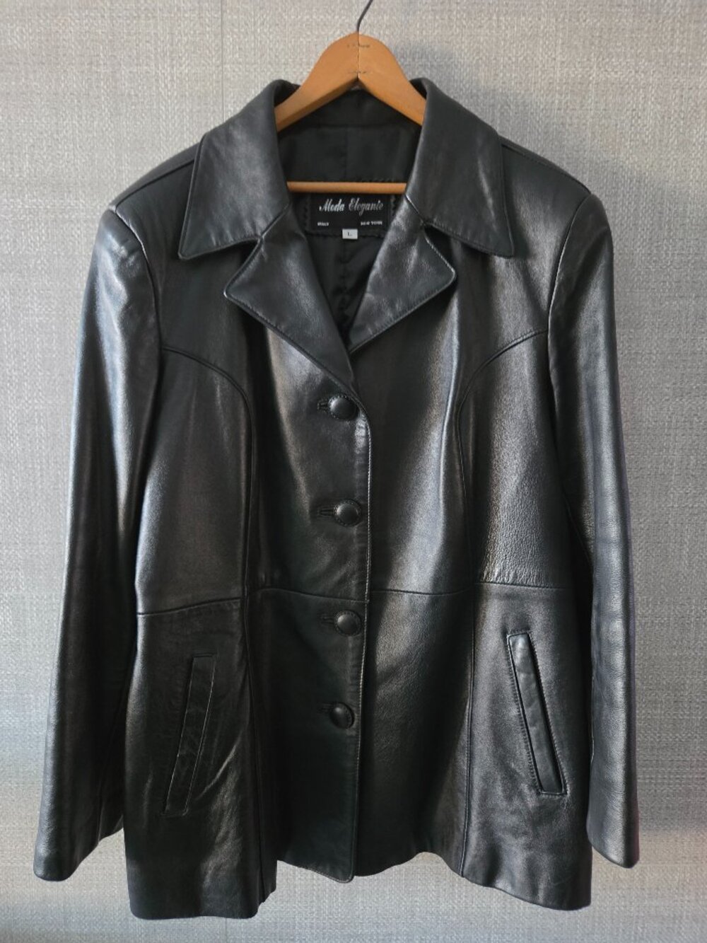 "Moda Elegante" women's leather black jacket size L. Italy/New York.
